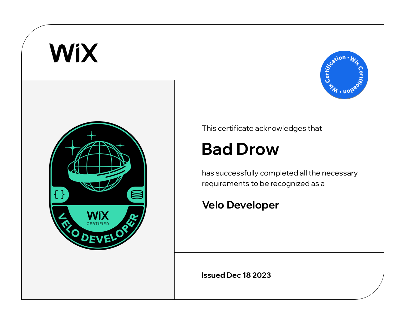 Certificação Wix Velo